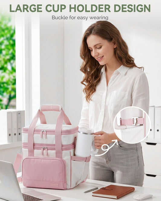 HOMESPON Double Layer Lunch Bag for Women Men, 14L Large Insulated Lunch Box with Shoulder Strap, Expandable Cooler Tote with Cup Holder for Work Office Picnic, Pink