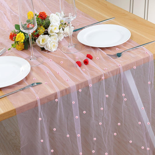 Pearl Table Runner 10FT, 30 x 120 Inch Pink Boho Rustic Tulle Lace Table Runner for Spring Summer Birthday Baby Shower Wedding Party Table Decor