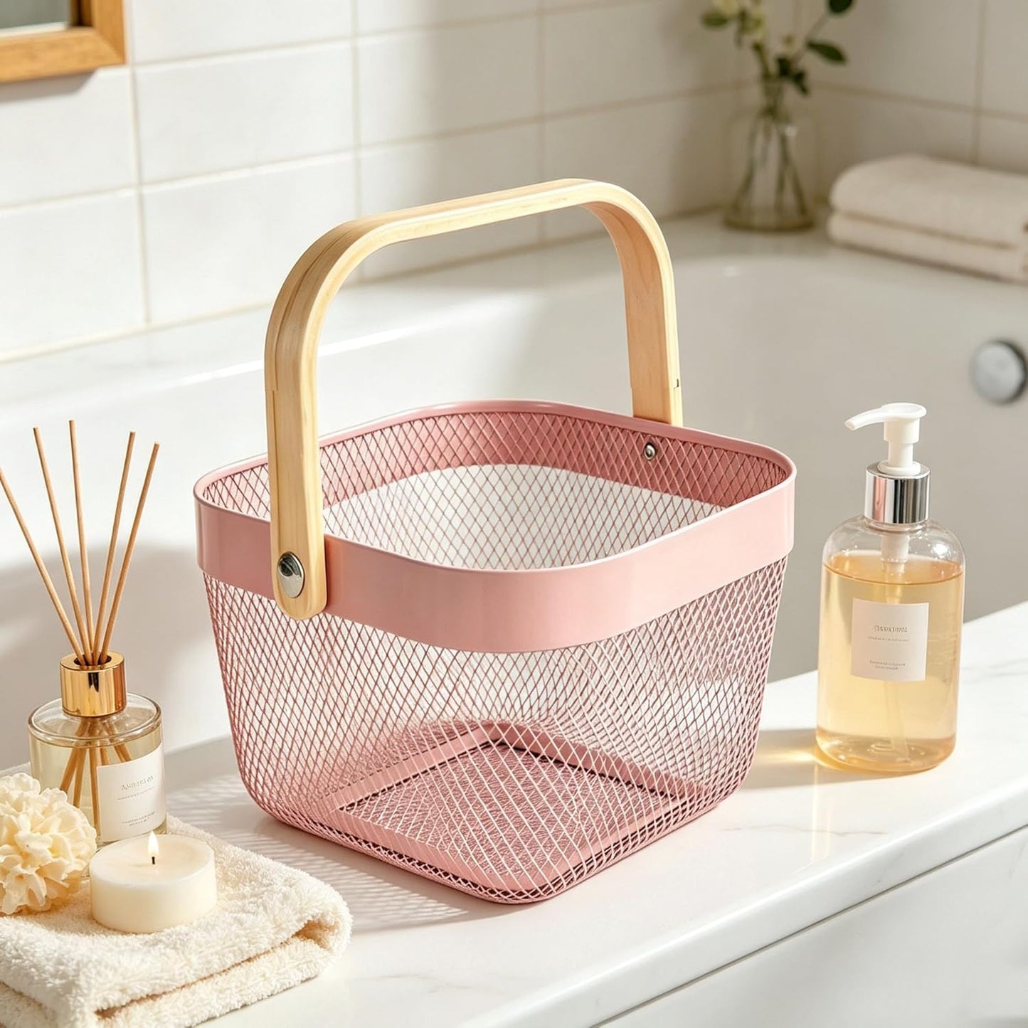 AJIODA Metal Mesh Wire Basket, Small Steel Basket with Wooden Handle Storage Organizer Basket Multi-functional Hanging Kitchen Baskets Fruit Baskets for Kitchen Bathroom Cabinet Pantry, Rose Pink