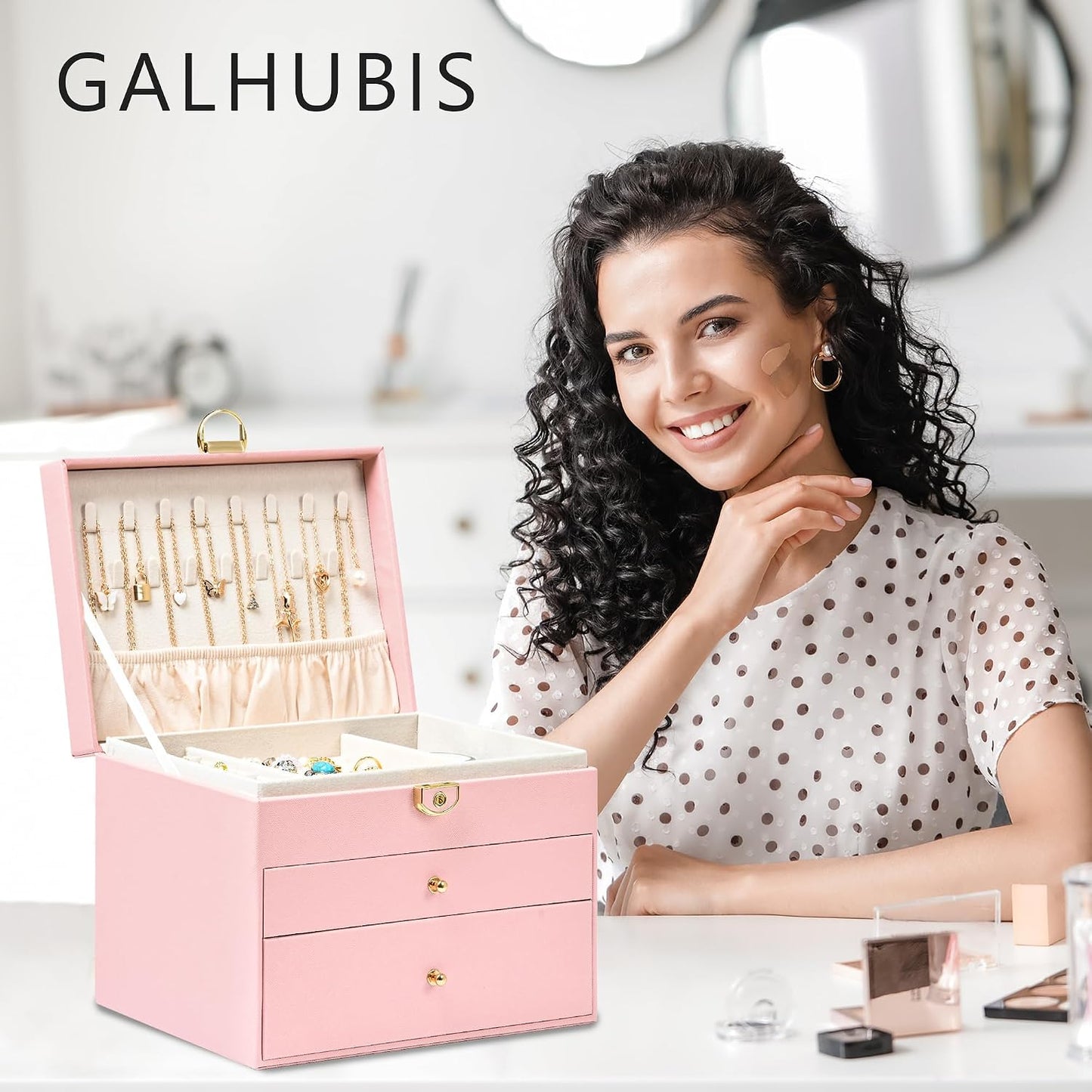 Jewelry Box, 3 Layers Leather Jewelry Storage Display Box for Women, Gift Case, 2 Drawers, Large Capacity for Necklace Earrings Bracelets Rings, Pink