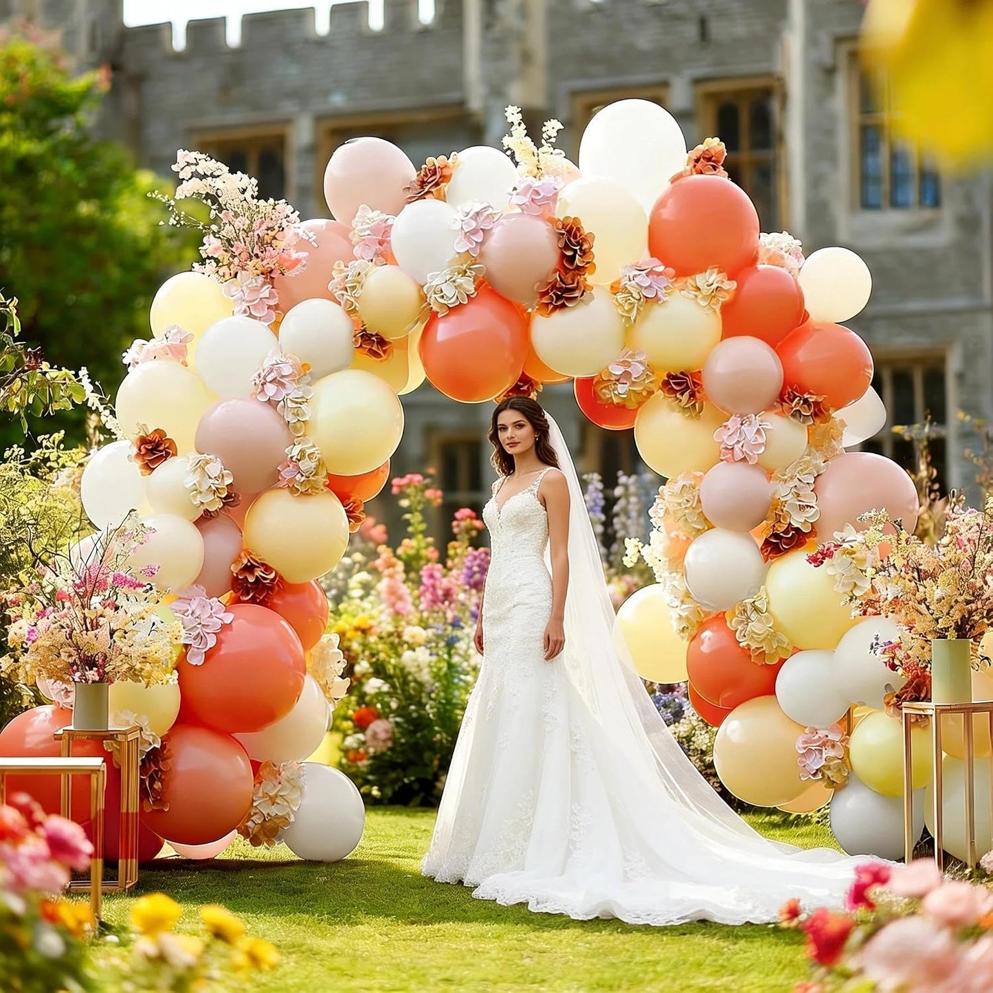 Pink Yellow Peach Balloons with Hydrangea Artificial Flowers, Double Stuffed Pastel Pink Coral White Ivory Balloon Arch for Wildflower Baby Shower Birthday Bridal Shower Easter Tea Party Decor