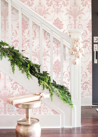 EchoSphere 17.3" X 118" Damask Floral Peel and Stick Wallpaper Boho Pink and White Contact Paper Damascus Decorative Wallpaper DIY Removable Self Adhesive Wall Paper for Bedroom Cabinets Covering