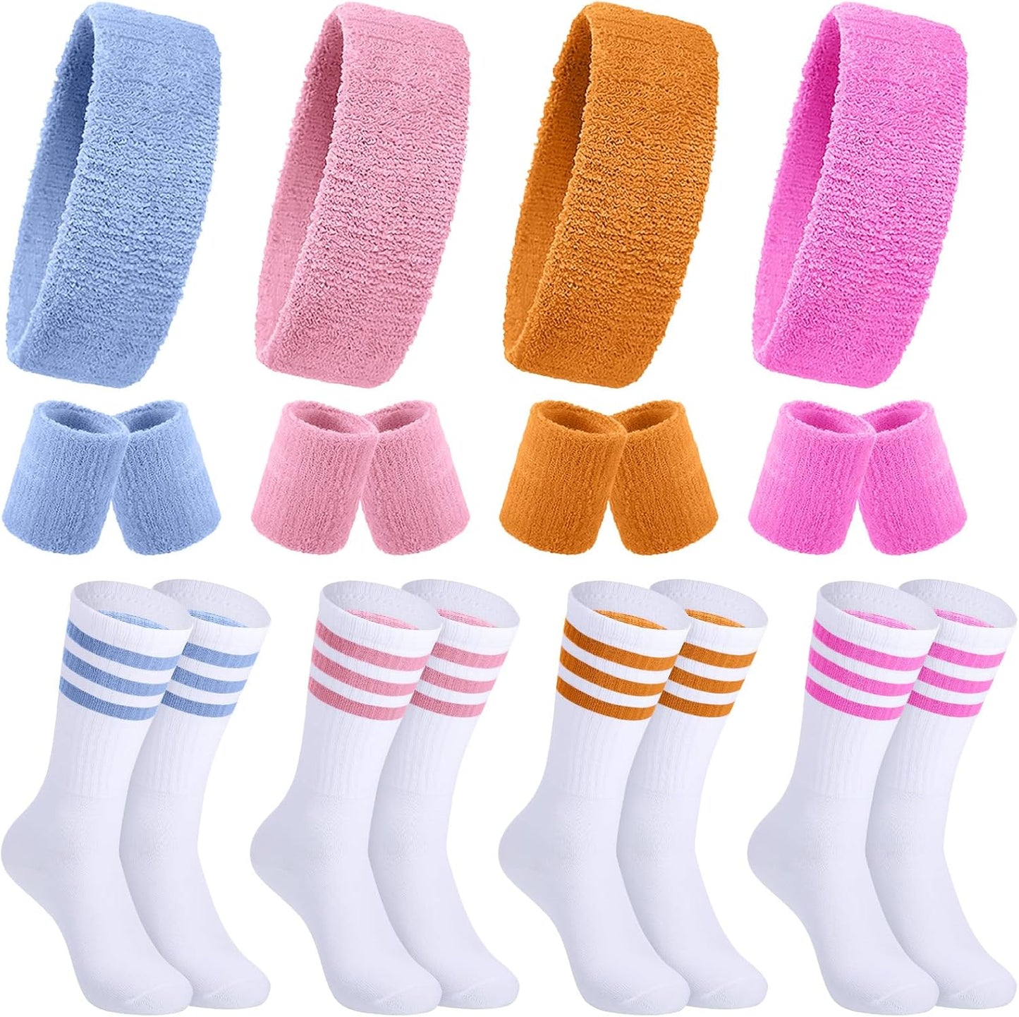 Hillban Sweatband and Stripe Sock Set Neno Wrist Sweat Band Sport Headband Wristband for Men Women 80s Party Accessories