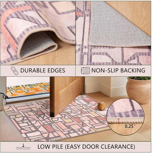 DEXDE Area Rug 3x5, Vintage Checkered Abstract Rugs for Living Room, Washable Modern Non Slip Soft Low Pile Indoor Floor Carpet for Bedroom Office Nursery Bedside Dining, Pink