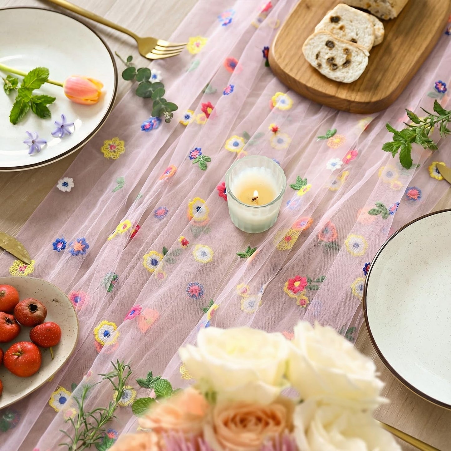 Artoid Mode Light Pink Wildflower Floral Gauze Embroidery Table Runner 120 Inch 10FT, Tulle Seasonal Spring Kitchen Dining Table Decor for Home Party