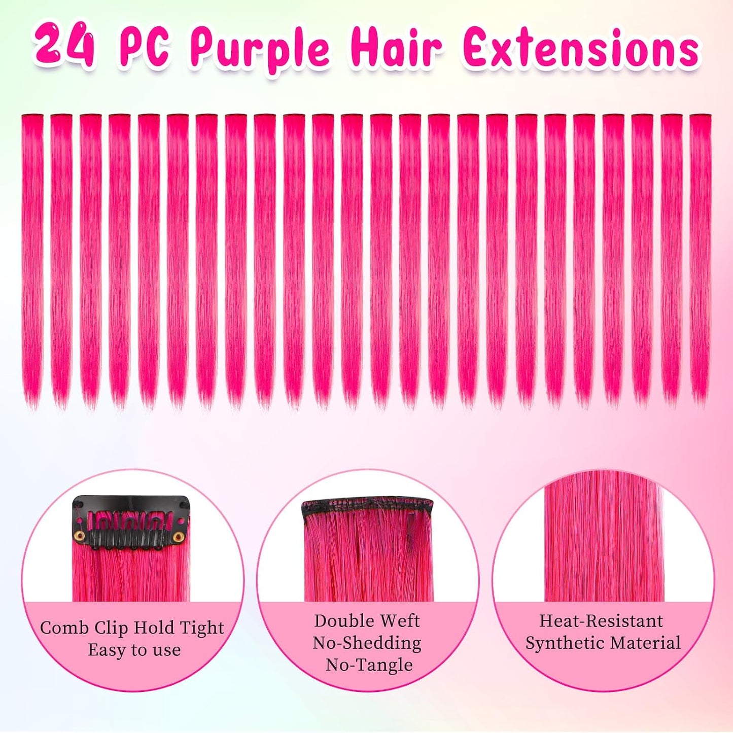 Kyerivs 24PCS Pink Clip in Hair Extensions for Girls 20Inch Rainbow Straight Synthetic Hairpieces for Girls Party Highlights Pink Hair Accessories Halloween Gifts for Women Easter Gifts