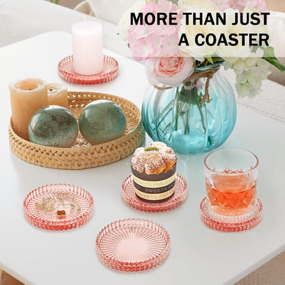 Modern Glass Coasters, GOH DODD Set of 6 Crystal Coasters Tabletop Protection for Drinks, Home Decor, Kitchen, Living Room, Patio, Wedding, Party, Housewarming Gifts, Clear Pink