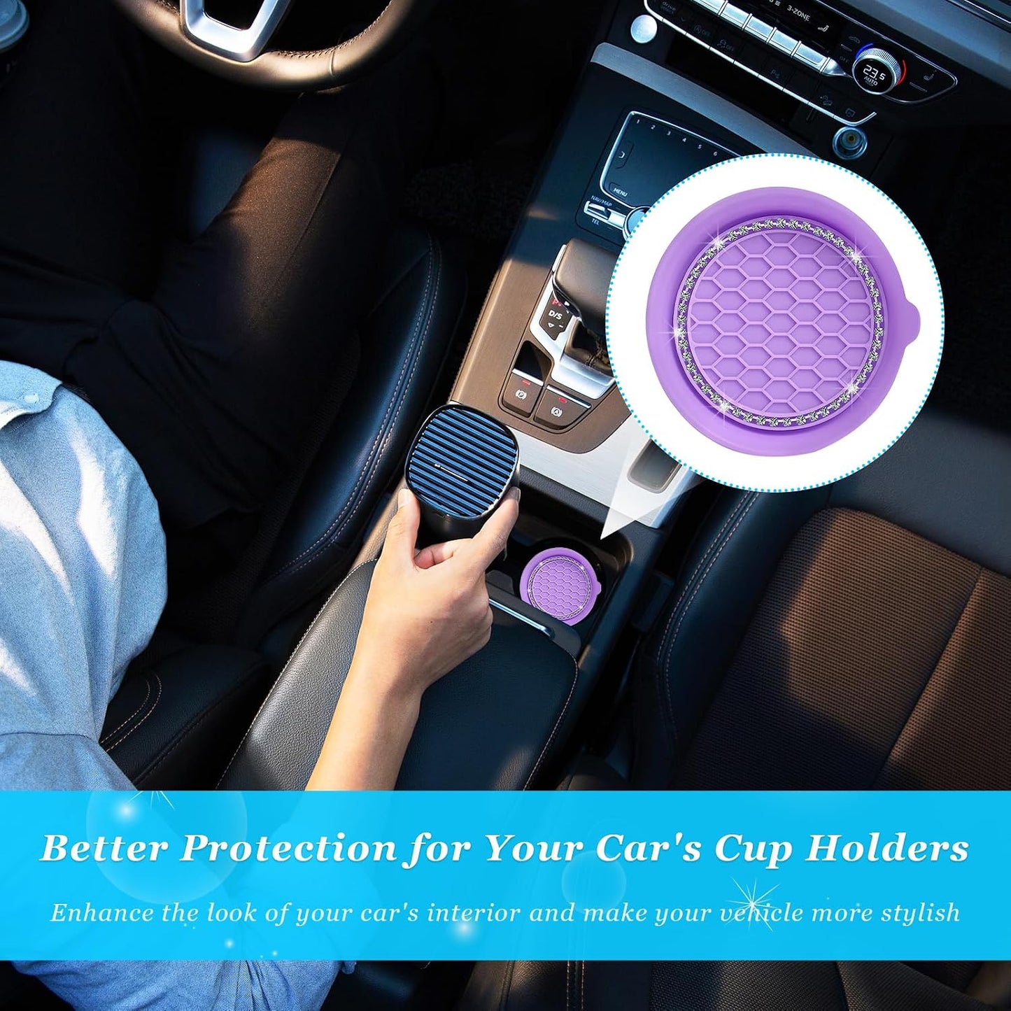 Ziciner 2 PCS Car Cup Coaster Holders, 3.15 Inch Silicone Anti-Slip Auto Insert Coaster, Crystal Rhinestone Car Drink Cup Mat, Universal Durable Auto Interior Accessories (Purple, 2Pack)