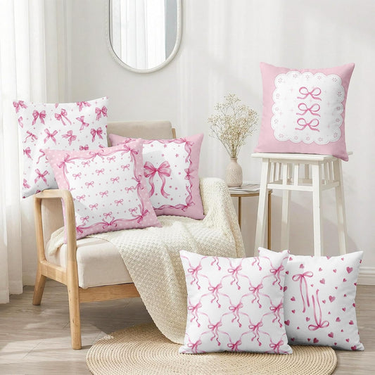 Emvency Throw Pillow Covers 18x18 Set of 6, Bow Coquette Pink Soft Decorative Cushion Cases with Double Sided Print, Girly Preppy Square Pillowcases for Sofa Couch Bed Living Room Home Decor