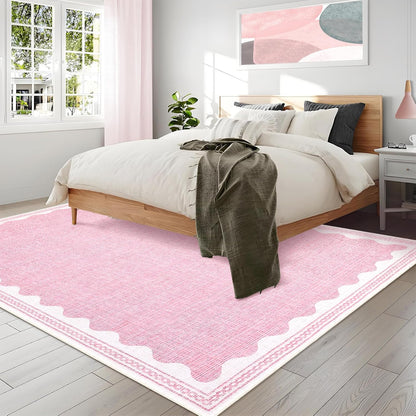 Scalloped Rug 5x7 Modern Solid Color Modern Mats with Non-Slip Backing, Stain-Resistant Low Pile Accent Rug, Washable Contemporary Throw Carpet for Living Room, Bedroom, Office, Pink