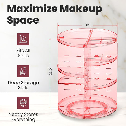 Masirs Rotating Makeup Organizer for Vanity, Large 360° Spinning Cosmetic & Skincare Organizer, Adjustable Shelf Height, Perfume Stand, Countertop Storage for Bathroom or Bedroom, Pink