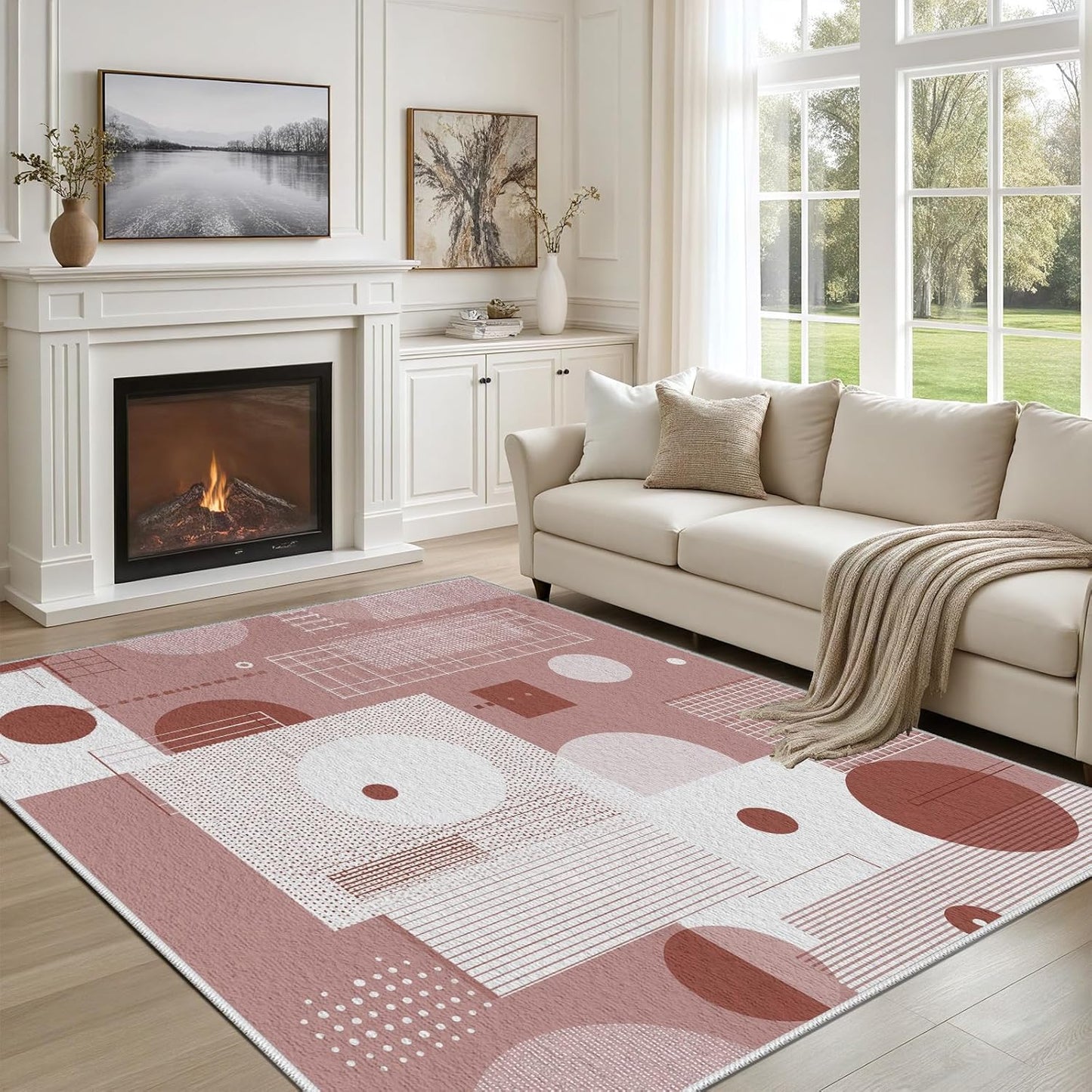 Geometric Checkered Circle Pattern Area Rugs 4x6 ft Abstract Modern Shag Rug Mid Century Peach Rugs Washable Non Slip Low Pile Soft Carpet for Indoor Dorm Bedroom Bathroom Dining Room