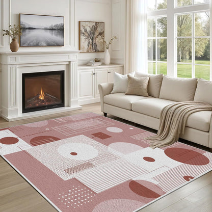 Geometric Checkered Circle Pattern Area Rugs 4x6 ft Abstract Modern Shag Rug Mid Century Peach Rugs Washable Non Slip Low Pile Soft Carpet for Indoor Dorm Bedroom Bathroom Dining Room