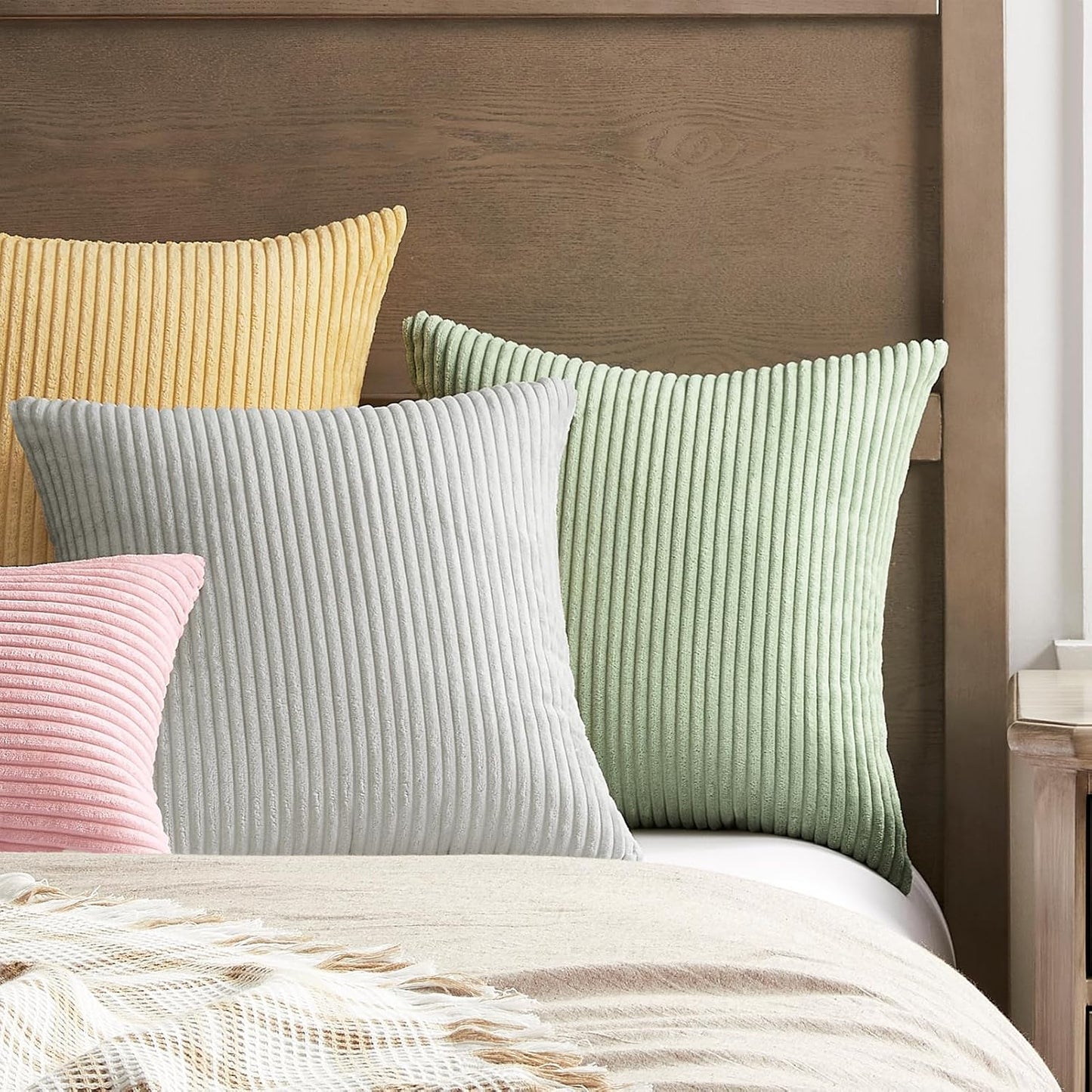 Softalker Decorative Throw Pillow Covers 18x18, Set of 2 Soft Corduroy Striped Boho Solid Pillow Cover, Modern Farmhouse Home Decor House Warming Gifts for Couch Sofa Bed Living Room, Light Pink