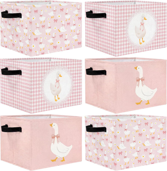 CHENGU 6 Pack Pink Silly Goose Storage Bin Cute Collapsible Storage Basket for Girl Large Foldable Laundry Box with Handle Decorative Clothing Basket for Girl Nursery Bedroom Home Baby Shower Birthday