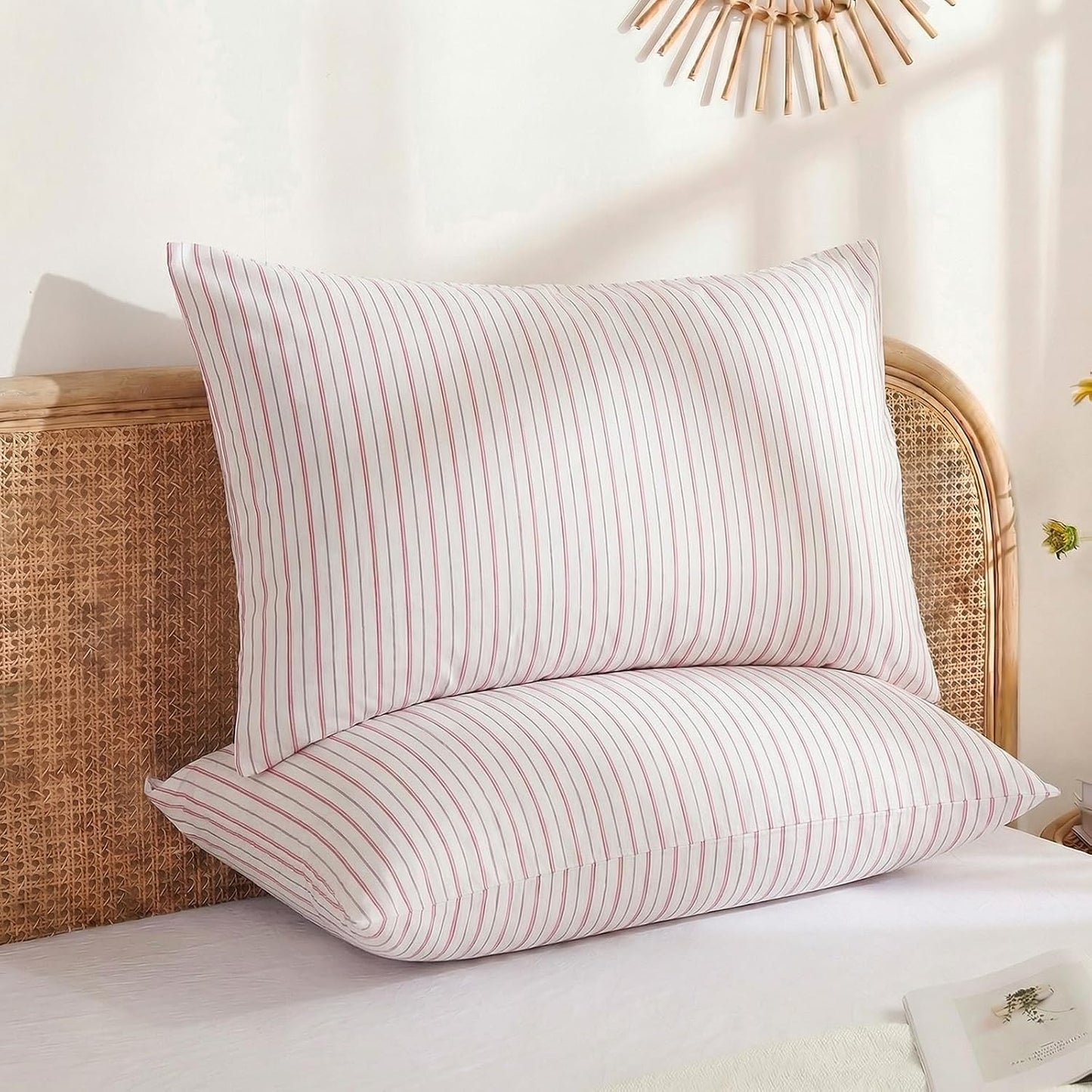 Merryword Queen Size Pillowcases, 100% Cotton Pillow Cases, White & Pink Striped Pillowcases, Luxury Linen Like Pillowcase, Soft Breathable Ticker Stripe Pillow Covers, Set of 2