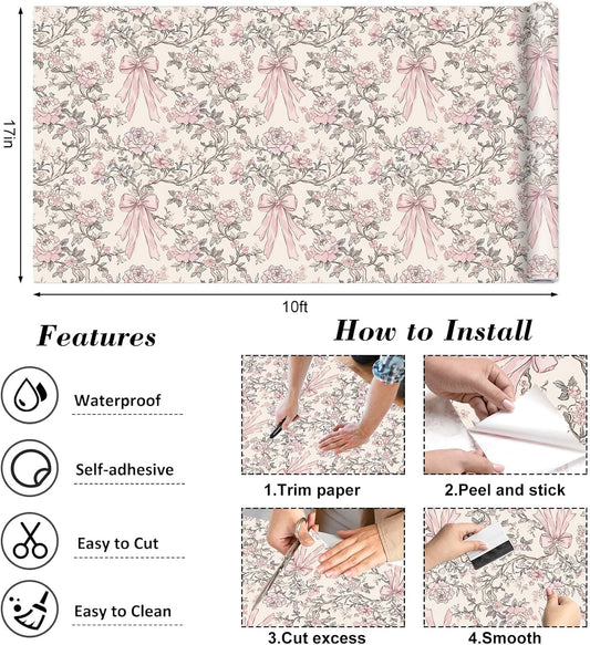 FYSUIMU Spring Peel and Stick Wallpaper Roll Contact Paper Vintage Pink Bow Flower Self-Adhesive Wall Decoration for Home Bedroom Bathroom, 17 in x 10 Ft