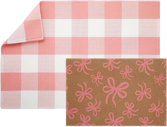 2 Pcs Door Mat Combo Set Layered Outdoor Rug and Coir Welcome Doormat Non Slip Floor Mat for Front Porch Entryway Outside Indoor Decor(Pink Bow,24'' X 35'',24'' X 16'')