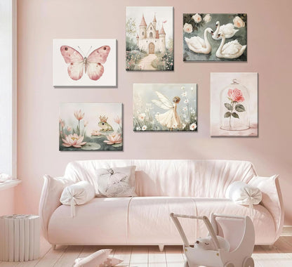 Coquette Wall Art Pastel Pink Trendy Posters Wall Decor White Swan Butterfly Frog Painting Pictures Castle Elf Aesthetic Floral Canvas Prints for Nursery Teen Girls Bedroom College Dorm Framed