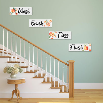 4 Pcs Minimalism Peach Bathroom Wall Decor Sign, Bathroom Wall Art Decor Gift, Wash Brush Floss Flush Wooden Hanging Plaque Sign For Farmhouse Home Bathroom Restroom Spa Room Laundry Room -18