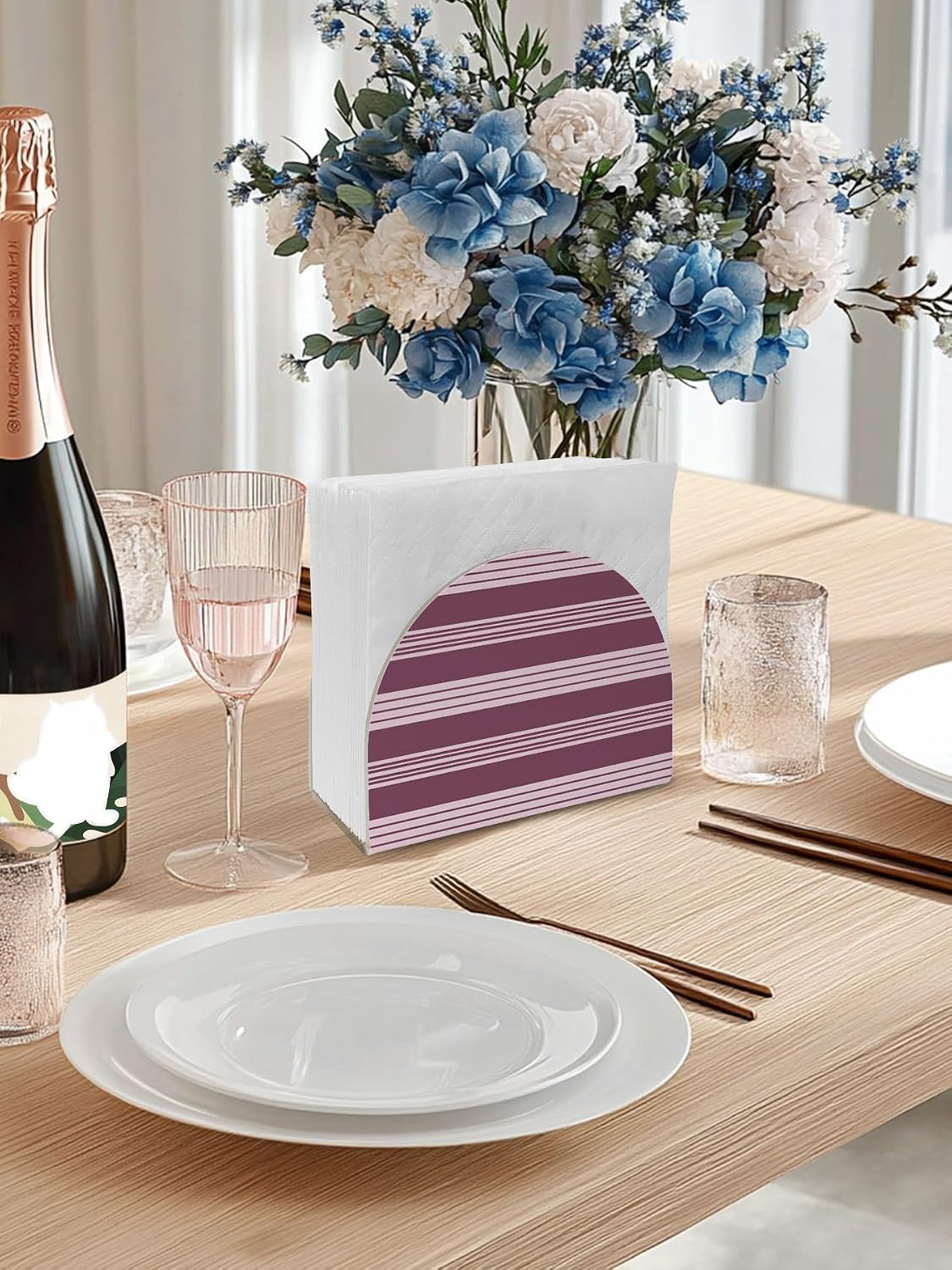 Napkin Holder Pink Plum Stripes Standing Napkin Dispenser Tissue Organizer 1 Pack Horizontal Striped Lines Acrylic Paper Napkin Holders for Table Kitchen Dining Cocktail Party Cafe Bar Bathroom