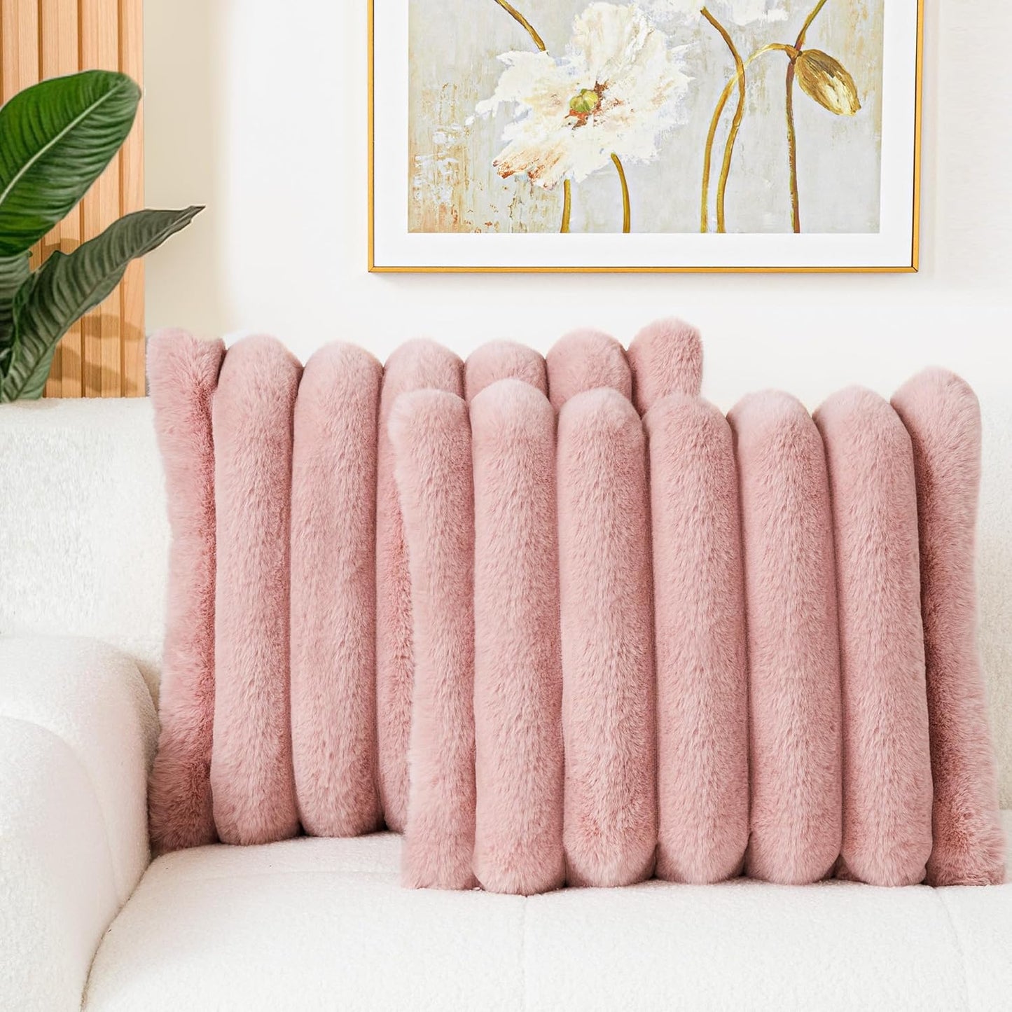 Touchat Pack of 2 Faux Fur Pillow Covers, 18x18 Inch Decorative Throw Pillow Covers with Hidden Zipper, Ultra Soft Couch Cushion Pillows Covers for Sofa/Bedroom Wide Stripe, Pink