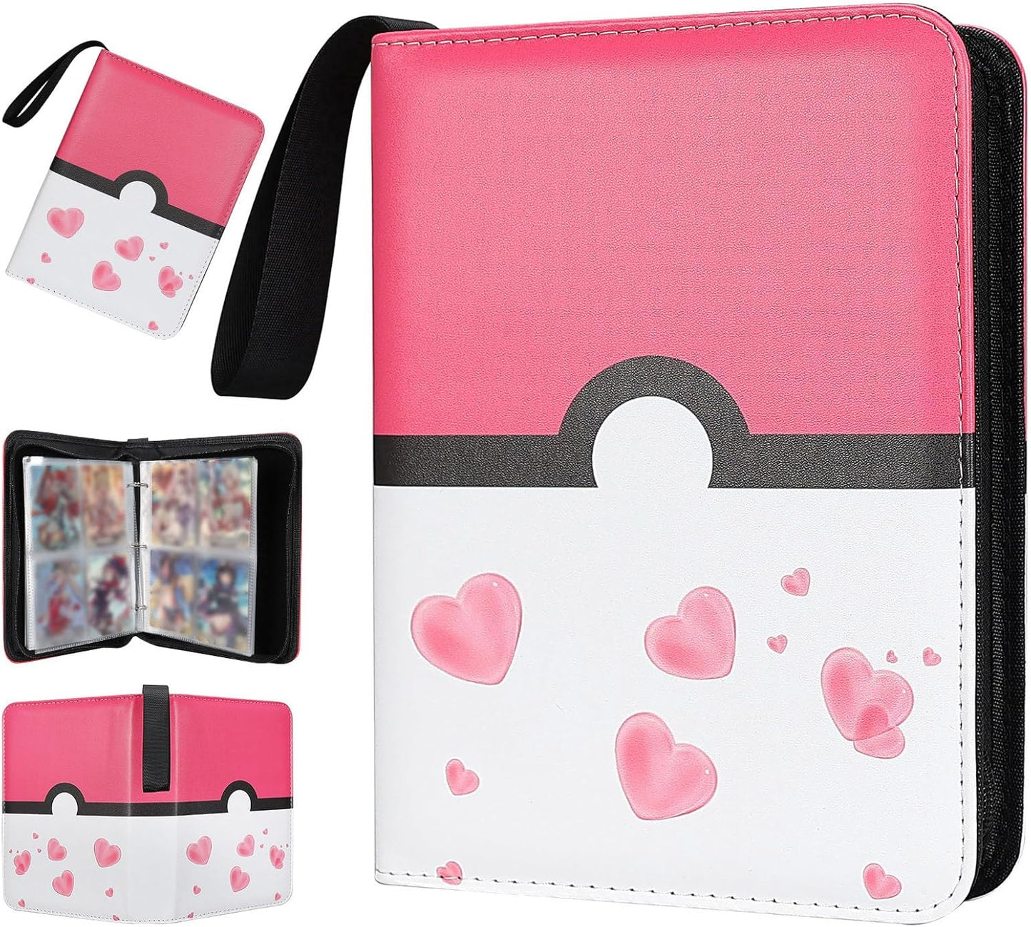 Collectible Trading Card Albums,4 Pocket Card Binder, 400 Double Sided Pocket,PU Premium Zip Trading Card Binder for TCG, MTG,Sports Cards (Pink White)