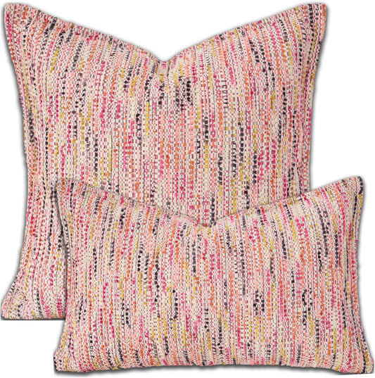 Premium Series Fringe Boho Throw Pillow Cover, Linen Woven Luxury Thick Cushion Case with Tassels for Home Décor, Pink, 18x18 Inch