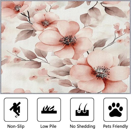 Flower Rugs for Bedroom - 4x5ft -Peach Pink Floral Watercolor Pastel Artistic Rugs for Living Room Non Slip Low Pile Machine Washable Area Rug,Flower Carpets Home Decor