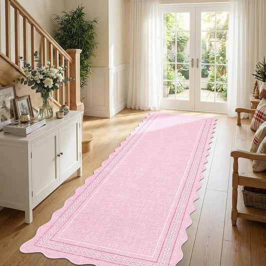 GarveeHome Scalloped Washable Rugs 2x6 Hallway Runner Non Slip Kitchen Rugs Soft Non Shedding Low Pile Entryway Rug Stain Resistant Carpet for Bath Laundry Room, Pink
