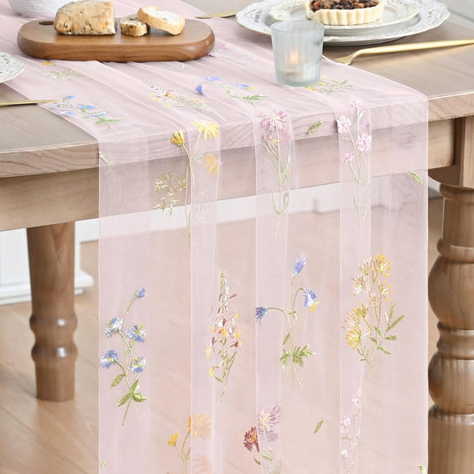 Artoid Mode Wildflower Floral Light Pink Gauze Embroidery Table Runner 120 Inch 10FT, Tulle Seasonal Spring Kitchen Dining Table Decor for Home Party