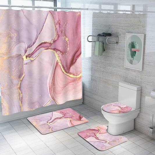 4Pcs Luxury Marble Shower Curtain Sets, Bathroom Sets with Shower Curtain, Toilet Lid Rug, Contour Mat and Bath Mat, Shower Curtain with 12 Hooks for Bathroom Set Decor