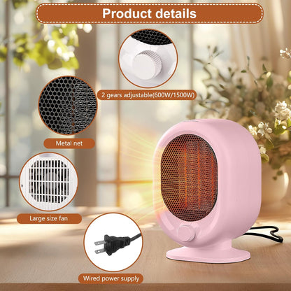 Mini Space Heater,1500W Small Desk Heater,2 Gears Adjustable,PTC Ceramic Heating,Tip-over & Overheat Protection,Fast Heating and Super Quiet Pink