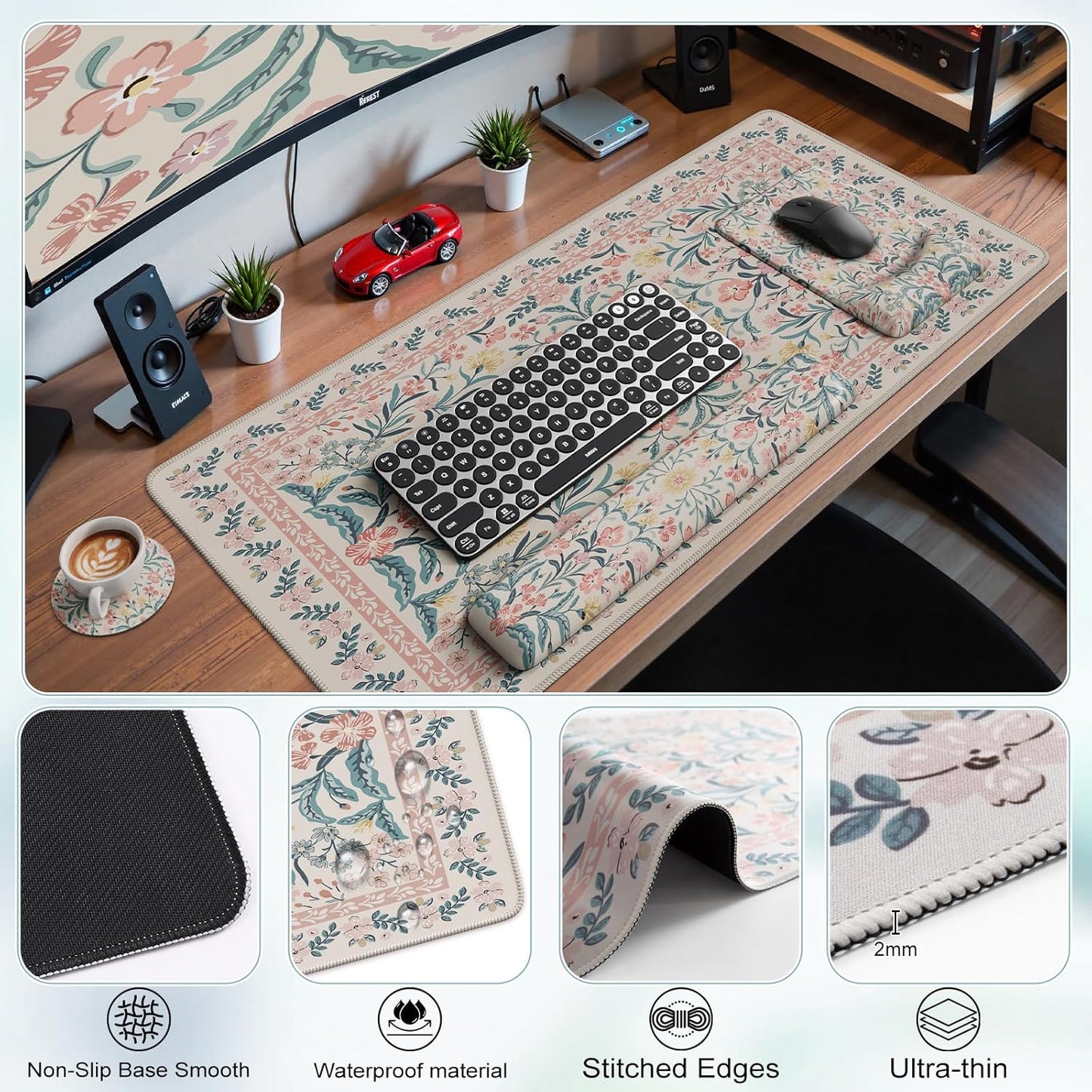 iCasso Mouse Pad with Wrist Rest,Large Desk Mat Set,Ergonomic Keyboard Pad with Wrist Support,Non-Slip Mouse Mat for Women,Cute Floral Computer Mat for Home Office Gaming (Pink)