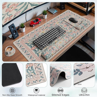 iCasso Mouse Pad with Wrist Rest,Large Desk Mat Set,Ergonomic Keyboard Pad with Wrist Support,Non-Slip Mouse Mat for Women,Cute Floral Computer Mat for Home Office Gaming (Pink)