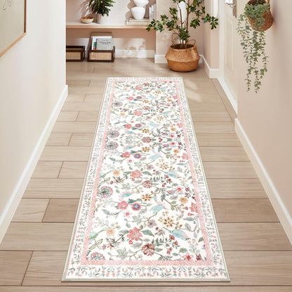 Rugalia Floral Washable Runner Rug, 2x6 Pink Rug Runners for Hallways Non-Slip, Soft Low Pile Flower Birds Long Bathroom Mat Botanical Throw Carpet for Kitchen Laundry Entryway Porch