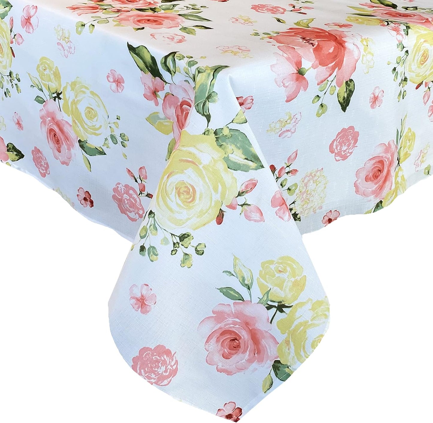 Newbridge Marie Floral Fabric Tablecloth, 52 x 70 Inch Rectangle | Yellow and Pink Rose Petal, Stain and Wrinkle Resistant, Indoor and Outdoor Dining