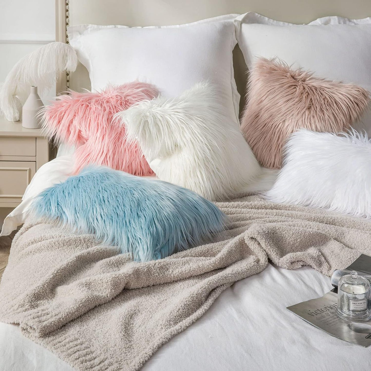 Phantoscope Faux Fur Solid Decorative Pillow Cover Fluffy Throw Pillow Mongolian Luxury Fuzzy Pillow Case Cushion Cover for Bedroom and Couch, Pink 22 x 22 Inches, Pack of 1