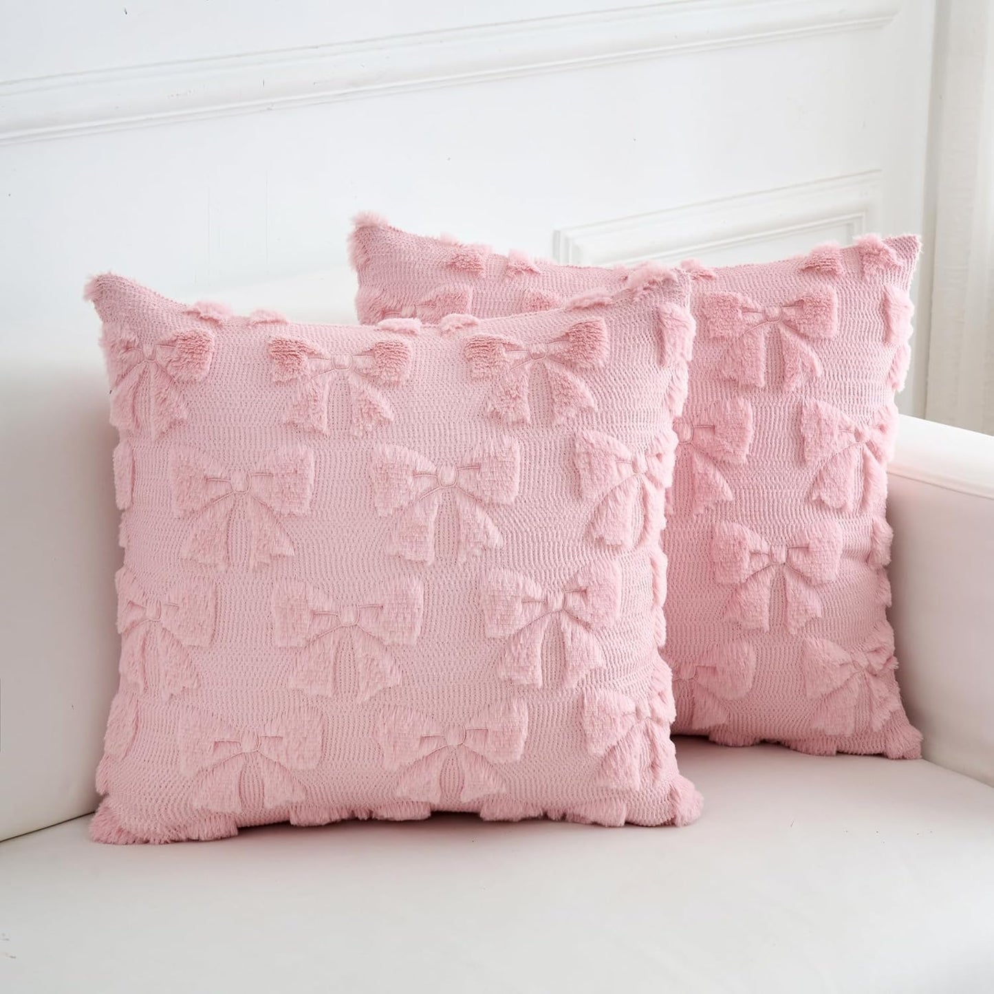 LIGICKY Set of 2 Pink Bow Throw Pillow Covers Decorative Soft Plush Cute Bowknot Couch Cushion Covers Coquette Room Decor Aesthetic Pillow Cases for Girl Bed Chair Sofa Living Room,18x18 Inch