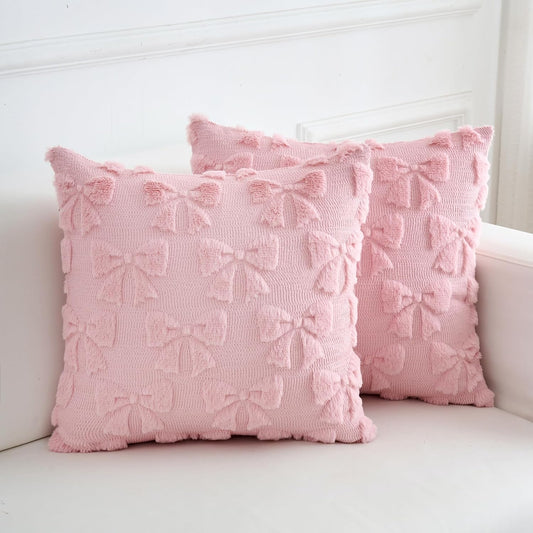 LIGICKY Set of 2 Pink Bow Throw Pillow Covers Decorative Soft Plush Cute Bowknot Couch Cushion Covers Coquette Room Decor Aesthetic Pillow Cases for Girl Bed Chair Sofa Living Room,18x18 Inch