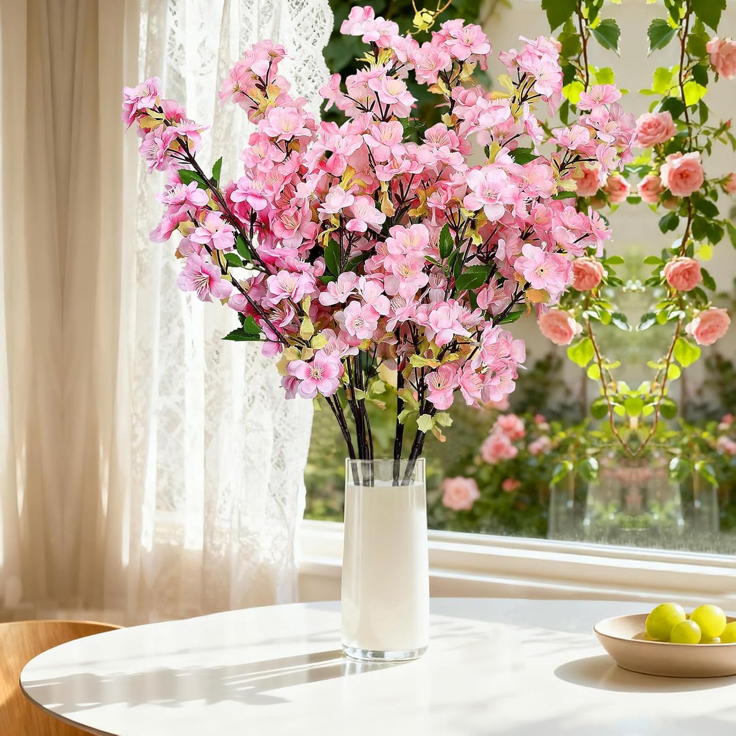 6Pcs Pink Artificial Cherry Blossom Branches for Home Decor 27’’ Faux Silk Long Stem Flowers for Spring Dining Wedding Party Decoration Indoor Table Centerpieces