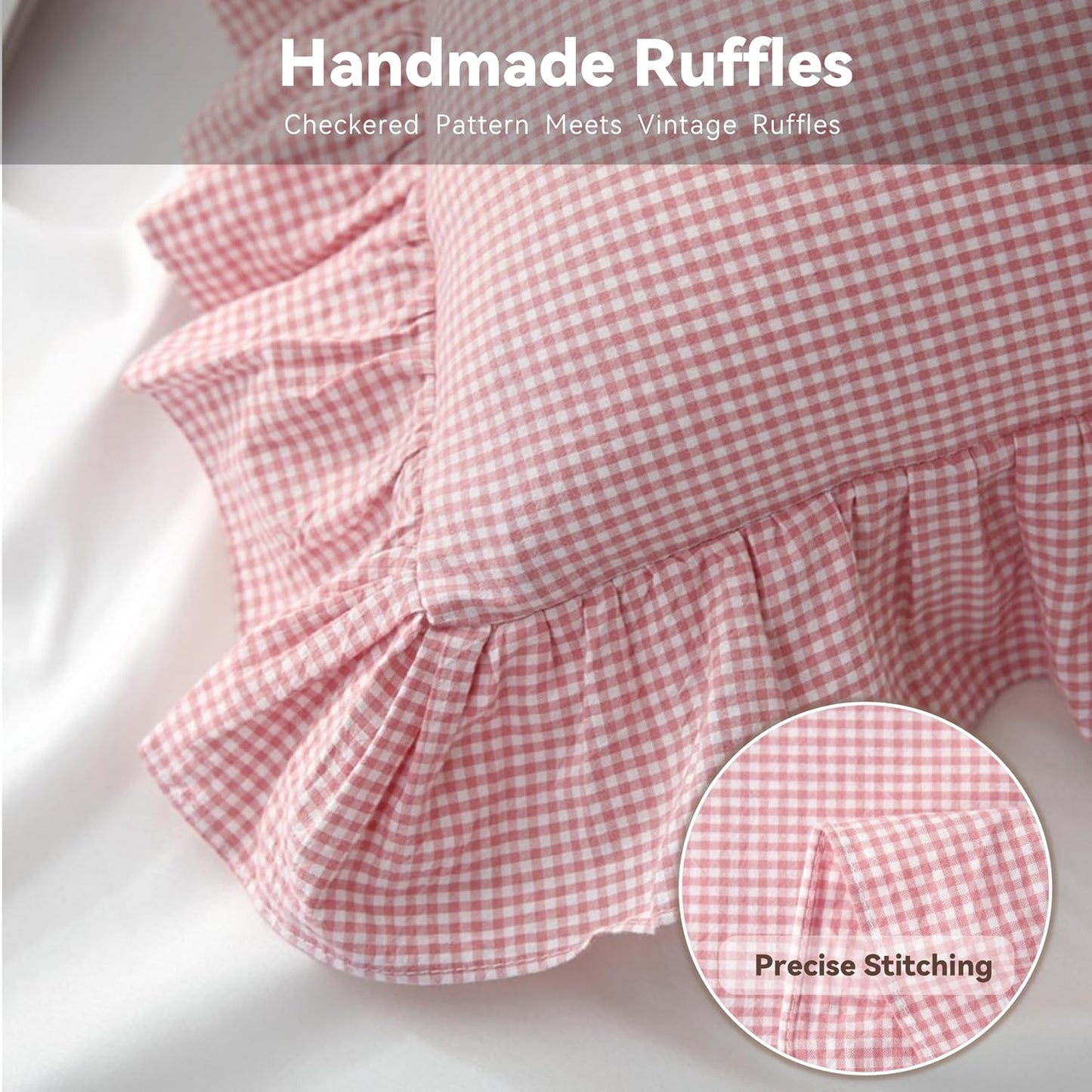 Gingham Pillow Shams 20x26, Pink White, Ruffle Trim, Set of 2 | 100% washed cotton | Standard size pillow covers | Vintage farmhouse plaid | Envelope closure | Inserts not included