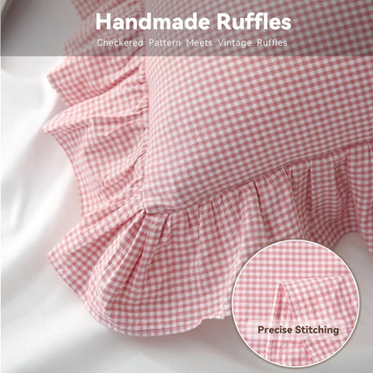 Gingham Pillow Shams 20x26, Pink White, Ruffle Trim, Set of 2 | 100% washed cotton | Standard size pillow covers | Vintage farmhouse plaid | Envelope closure | Inserts not included