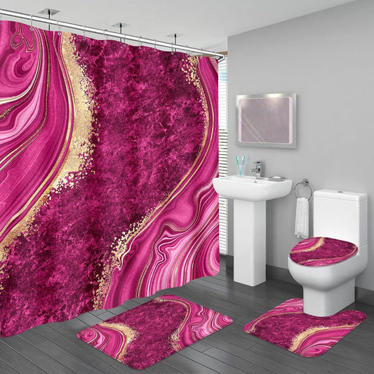 4PCS Pink Gold Marble Bathroom Sets with Shower Curtain and Rugs, Hot Pink Shower Curtain Sets with Rugs, Abstract Bathroom Curtains Shower Set with Accessories