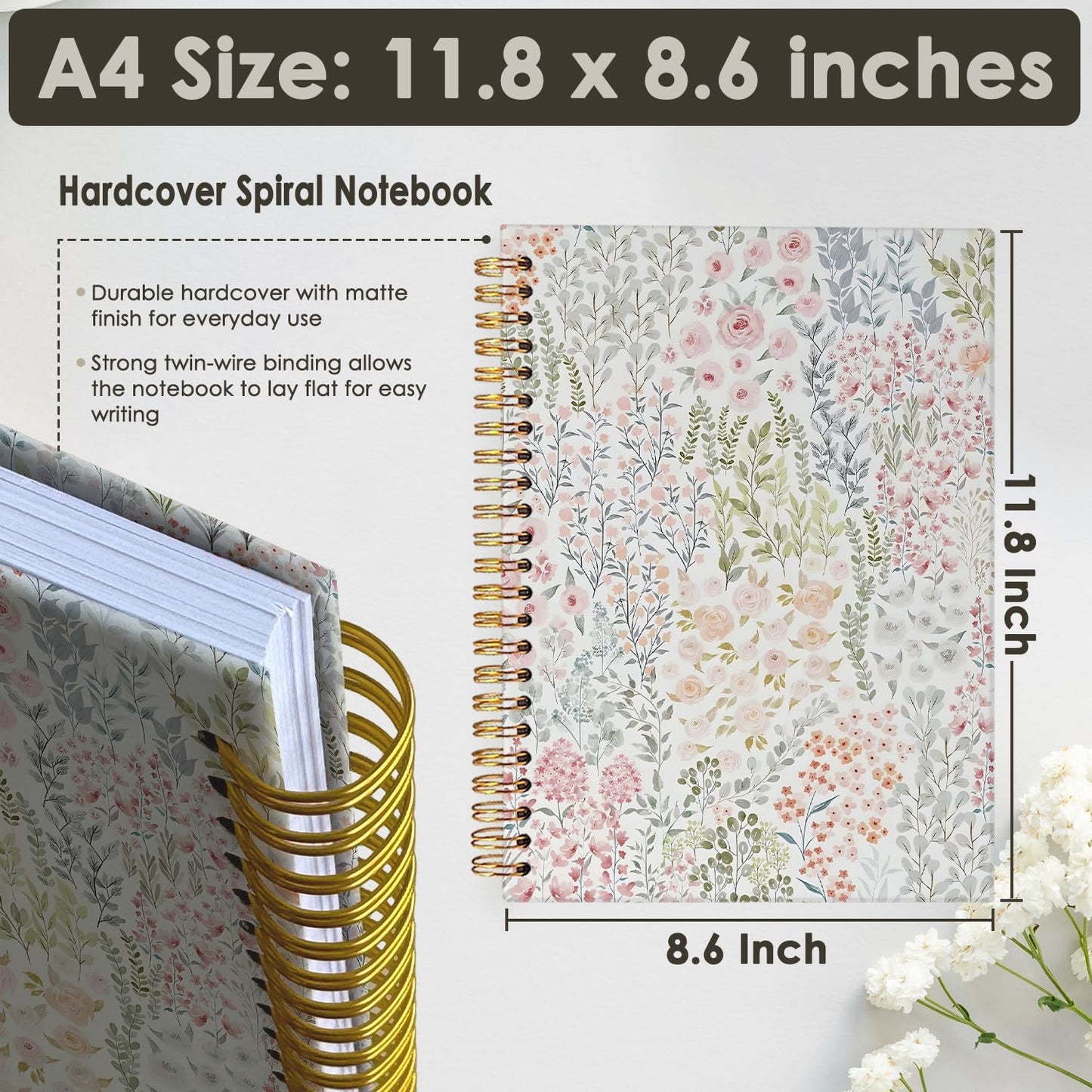 Cute Spiral Notebook Journal for Women, Floral Pastel Pretty A4 Hardcover Spiral Notebook for Women School Aesthetic Pink Journal for Teen Girls - A4 8.5"x11" [Hardcover-spiral]