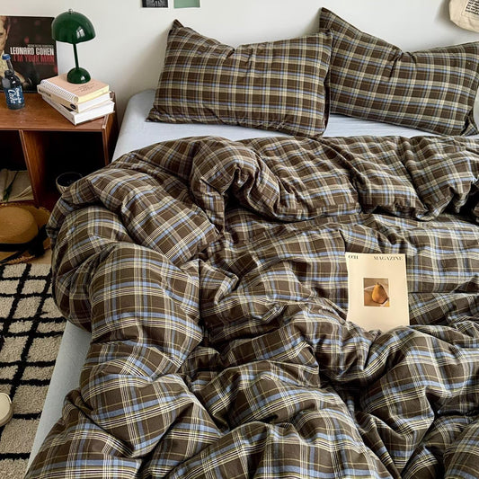 PinkMemory Brown Blue Gingham Buffalo Plaid Duvet Cover King 100% Washed Cotton Vintage Checkered Duvet Cover Set 3pcs Retro Grid Bedding Set with Zipper Closure Corner Ties,Soft Breathable