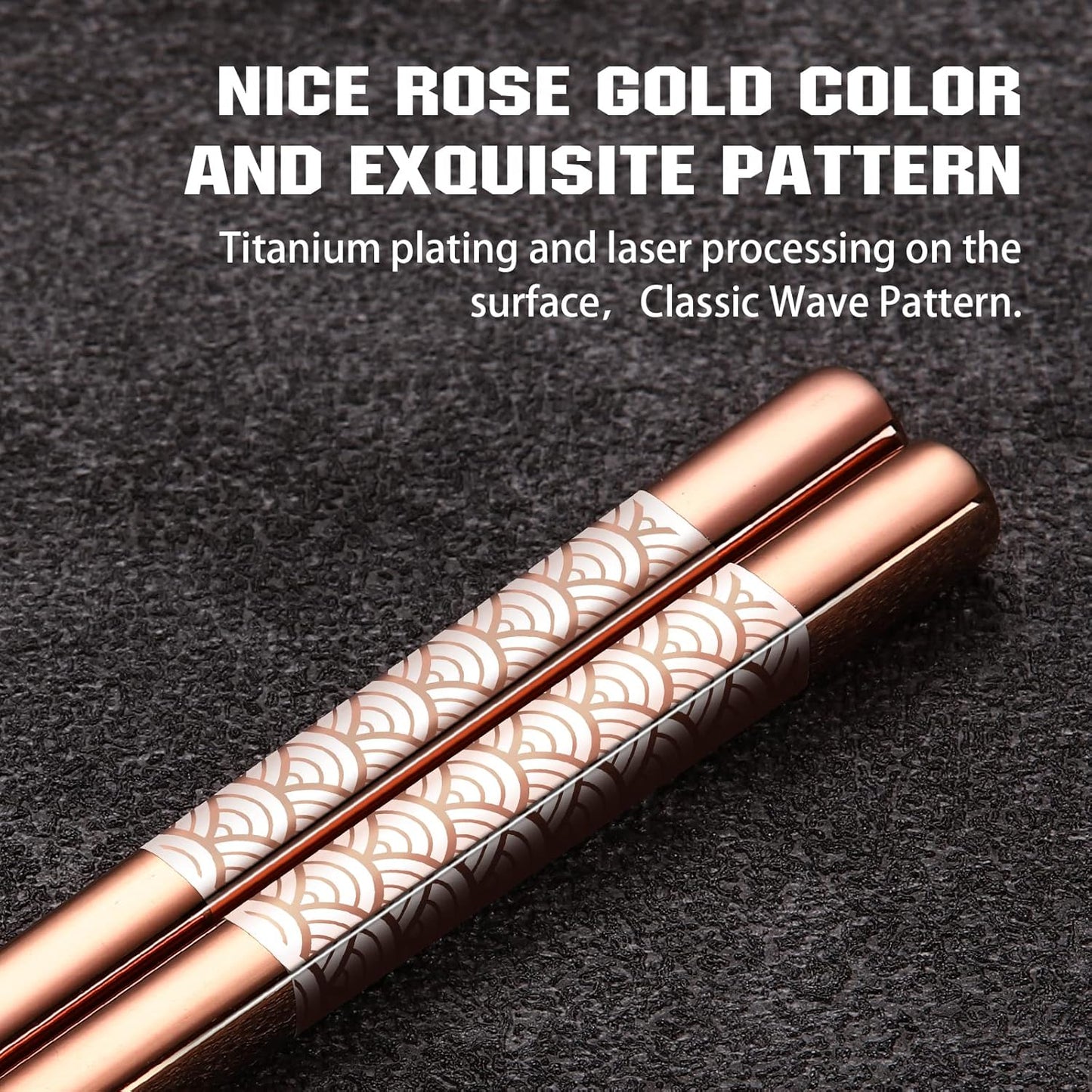 Titanium Stainless Steel 18/8 Reusable Chopsticks - 2 Pairs with Holder, Dishwasher Safe, Lightweight Japanese Style Gift Set (Rose Gold)