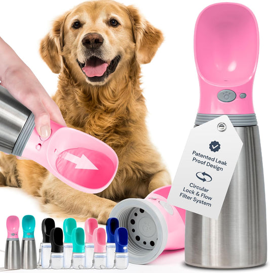 MalsiPree Insulated Dog Water Bottle - 24 Oz, Pink - Leak-Proof Stainless Steel Portable Travel Dispenser & Bowl for Trail Hiking, Park Visit, Camping & Beach Days