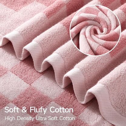 REDKISS 2 Piece Pink Checkered Bath Towels Set - 27”x55” Highly Absorbent 600GSM Pink Cotton Towels for Bathroom Decoration, Retro Checkered Design