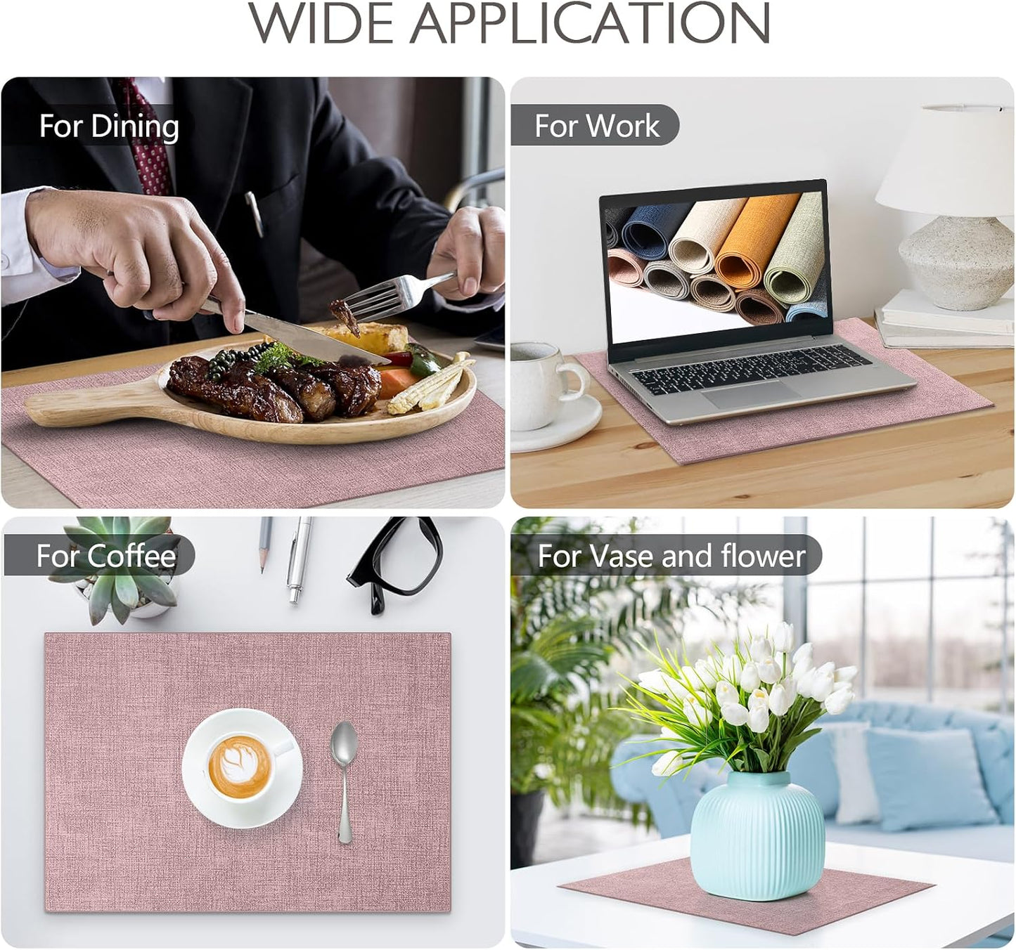 Faux Leather Placemats Set of 6 Washable PU Table mats for Kitchen Table - Heat Resistant, Waterproof, Easy Clean, Anti Slip 11.8" x 17" (Pink-6 Pack)